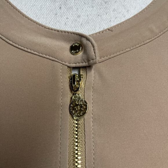 Anne Klein Tunic Top Blouse size Medium Khaki Camel Gold Zipper Pockets Stretch - Picture 3 of 8